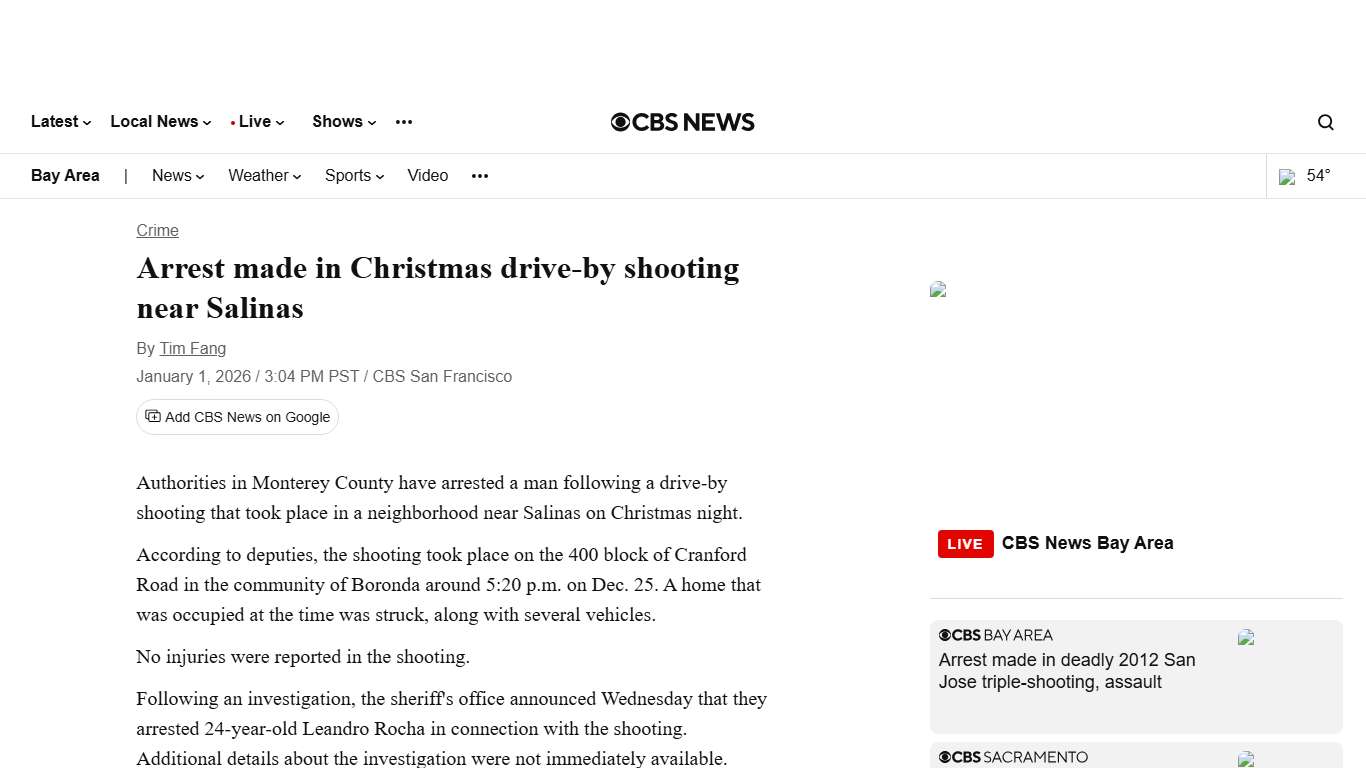Arrest made in Christmas drive-by shooting near Salinas - CBS San Francisco