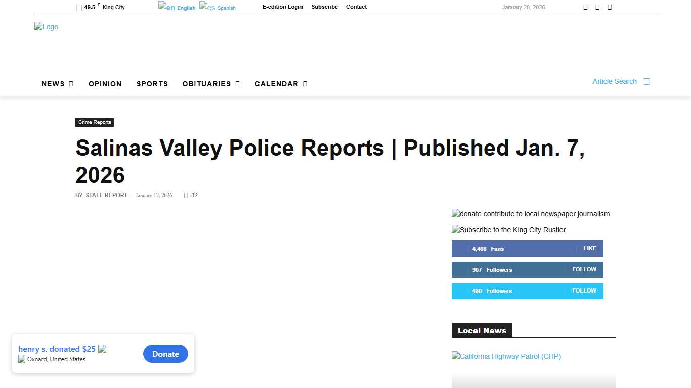Salinas Valley Police Reports Published Jan. 7, 2026 The King City Rustler Your Local News Source in King City, California